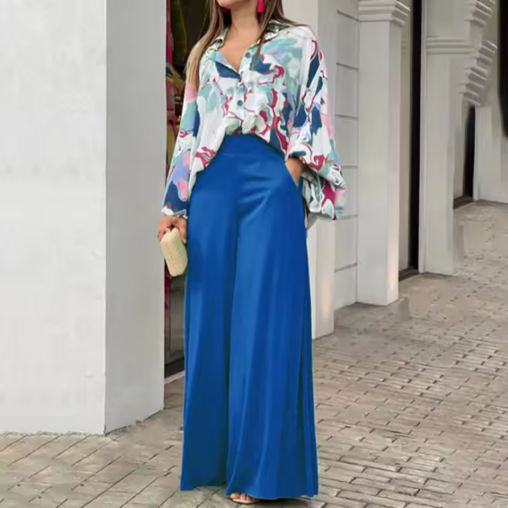 Conjunto Casual de Primavera-Verano Pantalones de Pierna Ancha Cómodos Manga Completa - 1