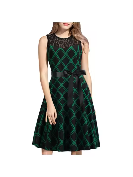 Vestido negro con cinturón, estampado de cuadros, sin mangas, con cuello redondo de encaje para mujer. - 1