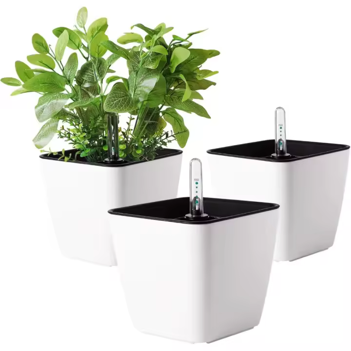 13CM Auto Riego Plantador Blanco Cuadrada Paquete de 3, Maceta para Interiores al Aire Libre Jardines de Windowsill Planta Decorativa para Flores Hierbas - 1