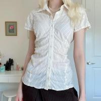 2025 Blusa abotonada de estilo francés para mujer, camisa elegante de manga corta a rayas, camisetas Fairycore de verano, ropa de calle para mujer - details 9