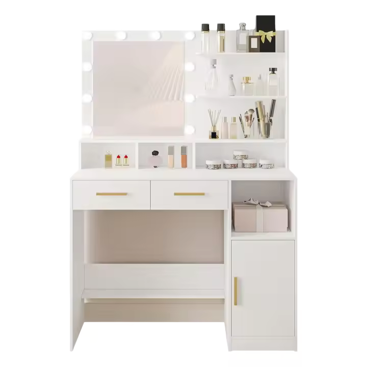 Mesa de Maquillaje con Espejo y LED Regulables Diseño de Cajón y Armario con 3 Escritorios y 4 Compartimentos Abiertos Blanco DT32503X - 1