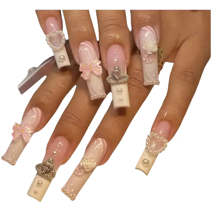24 Uñas Postizas Estilo Europeo Y Americano Con Perlas Y Mariposa Para Uso Diario Kit De Manicura DIY - 1