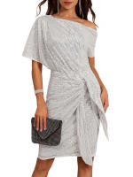 Señoras rimming brillo fiesta club vestido un hombro plisado vestido de brinde moda - details 1