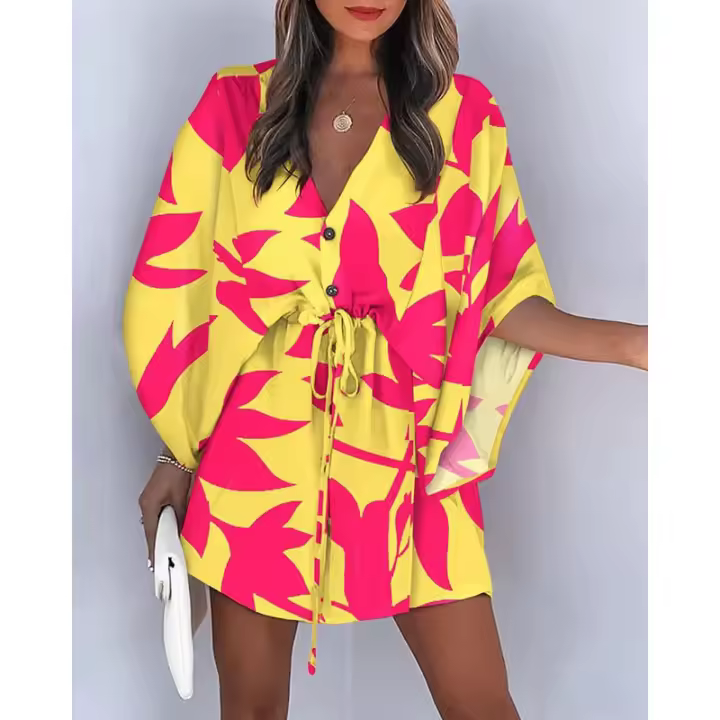 Traje de baño para mujer Vestido de playa estampado con cordón3/4MangaVMini falda de playa con Cuello estilo bohemio - 1