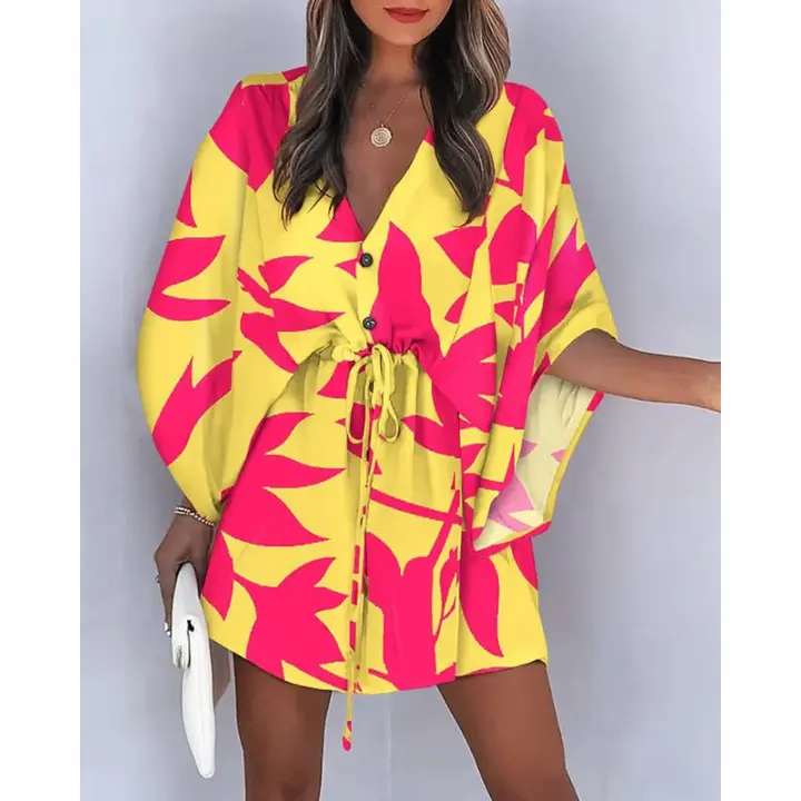 Traje de baño para mujer Vestido de playa estampado con cordón3/4MangaVMini falda de playa con Cuello estilo bohemio - 1