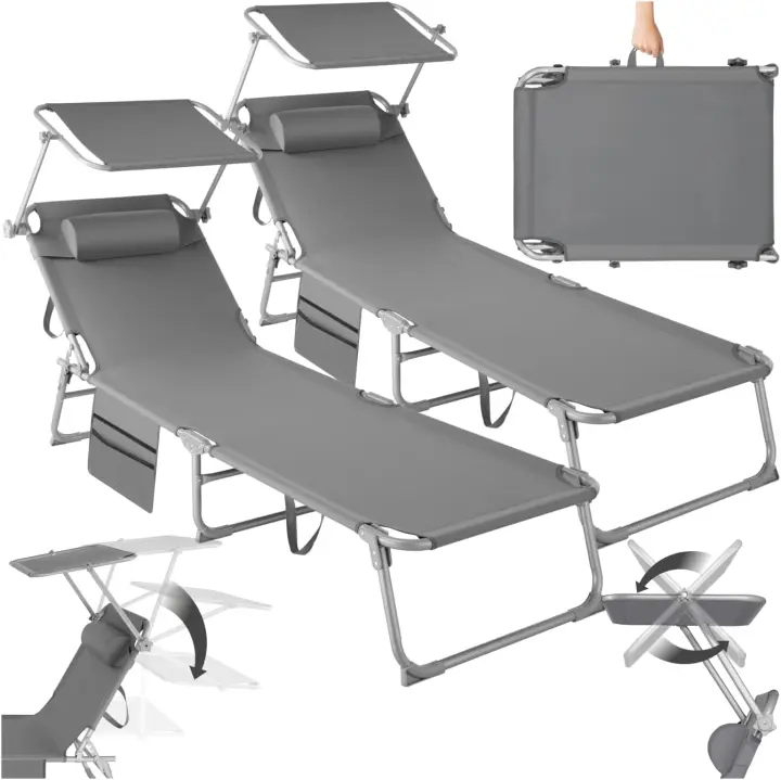 Set de 2X Tumbonas Jardín Exterior, Tumbonas Plegables con Reposacabezas, Parasol y Bolsillo Lateral, Tumbonas Playa Reclinables 4 Posiciones, Tumbona Piscina Resistente a Intemperie - Beige - 1