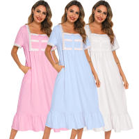 Pijamas para mujer, ropa de dormir con cuello cuadrado, camisón de manga corta, vestido mixto de encaje - details 1