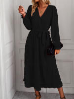Vestidos largos informales para mujer, Vestido de manga larga con cuello en V y cintura alta, rojo burdeos S - details 19