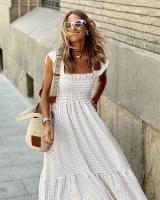 Vestido largo elegante a cuadros para mujer, vestido largo sin tirantes con volantes y espalda descubierta, plisado, cintura elástica, bohemio, para fiesta, holgado - details 7
