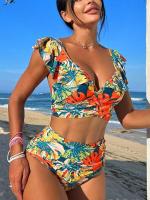 Traje de baño con estampado Retro para mujer, conjunto de Bikini de cintura alta con realce, ropa de playa para vacaciones - details 3
