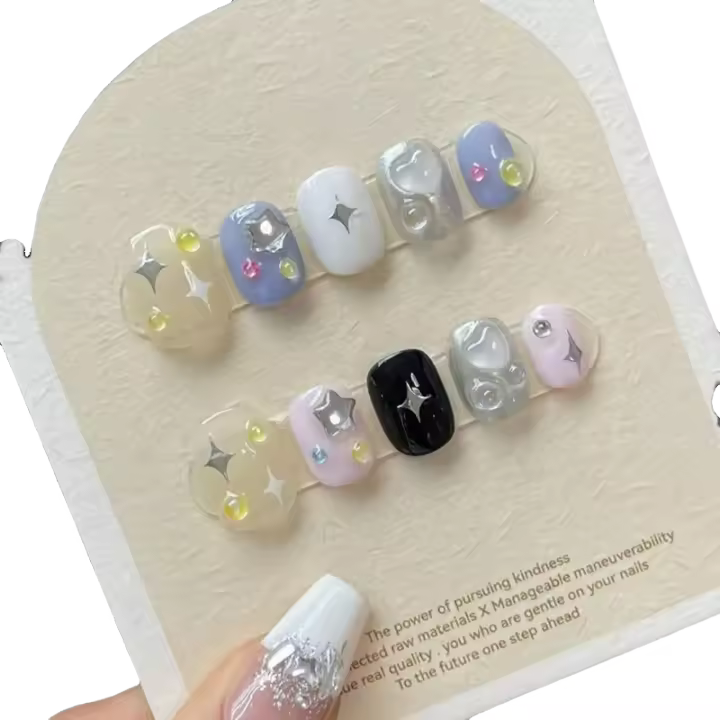 10PCS Uñas Postizas Hechas a Mano En Colores Crema Azafrán Y Amarillo Estilo Fácil Y Sencillo Para Mujeres - 1
