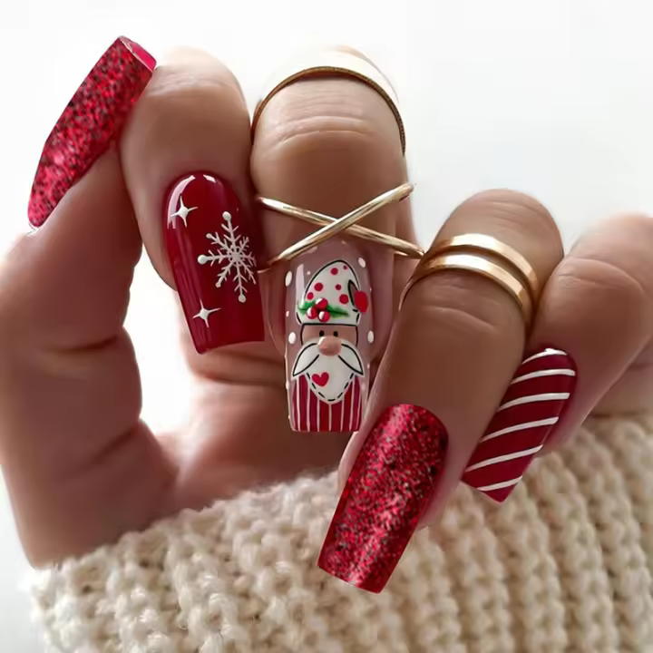 Piezas de uñas hechas a mano sombreros navideños franceses piezas de uñas cortas uñas postizas caja 24 piezas uñas - 1