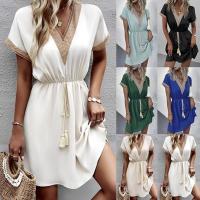 2025 Primavera/Verano Vestido de cintura con cuello en V y encaje de manga corta de color sólido - details 0