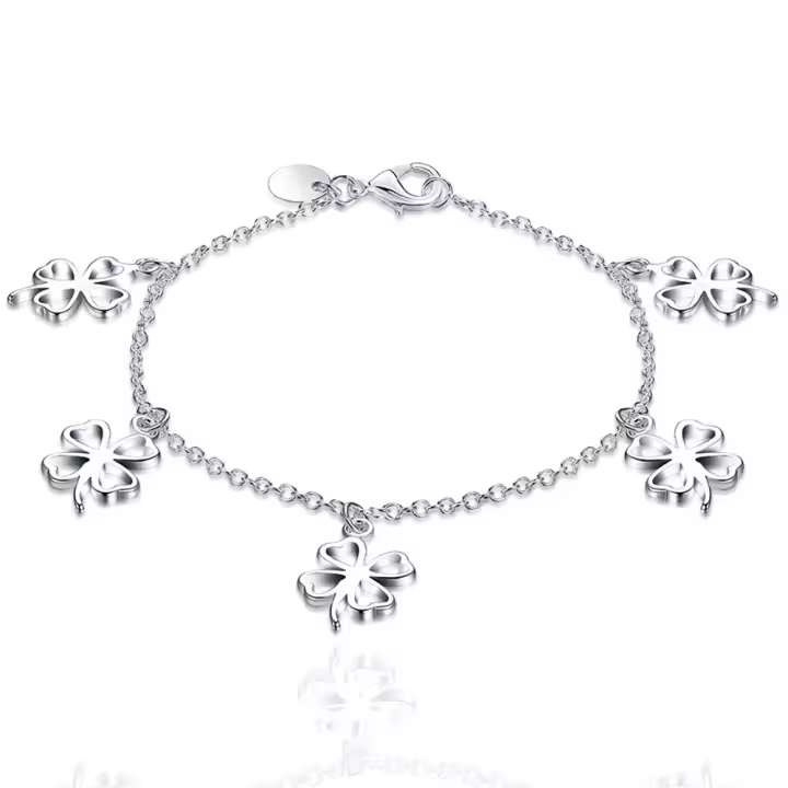 Pulsera con colgante de hierba de la suerte para mujer, trébol de cuatro hojas, Plata de Ley 925, joyería de moda - 1