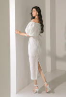 BGTEEVER-vestido ceñido con manga abombada para mujer, prenda elegante con abertura en la cadera, cuello de barco, cintura ajustada, Verano - details 10