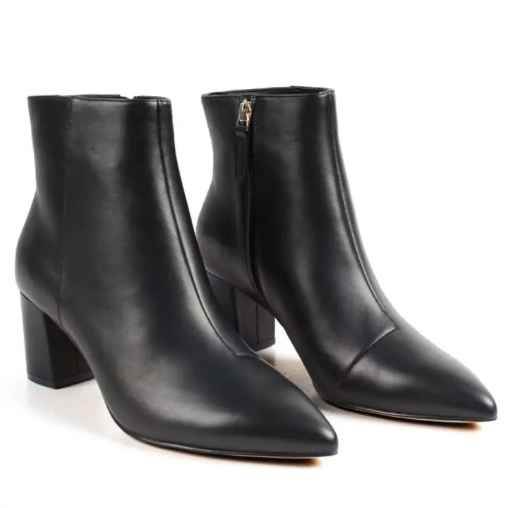 Botas cortas de cuero con cremallera del fabricante de botas de alta calidad, botines de tacón grueso para mujer - 1