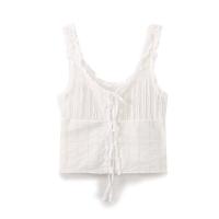 BUNO-Conjunto de verano bordado calado dulce conjunto de dos piezas para mujer con ribete de volantes corbata delantera sin mangas top de tiras y pantalones cortos conjunto combinado - details 3