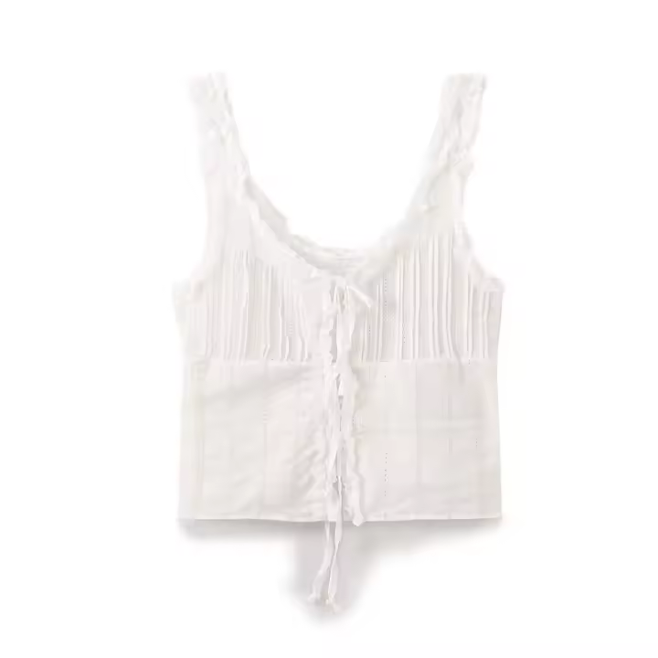 BUNO-Conjunto de verano bordado calado dulce conjunto de dos piezas para mujer con ribete de volantes corbata delantera sin mangas top de tiras y pantalones cortos conjunto combinado - 1