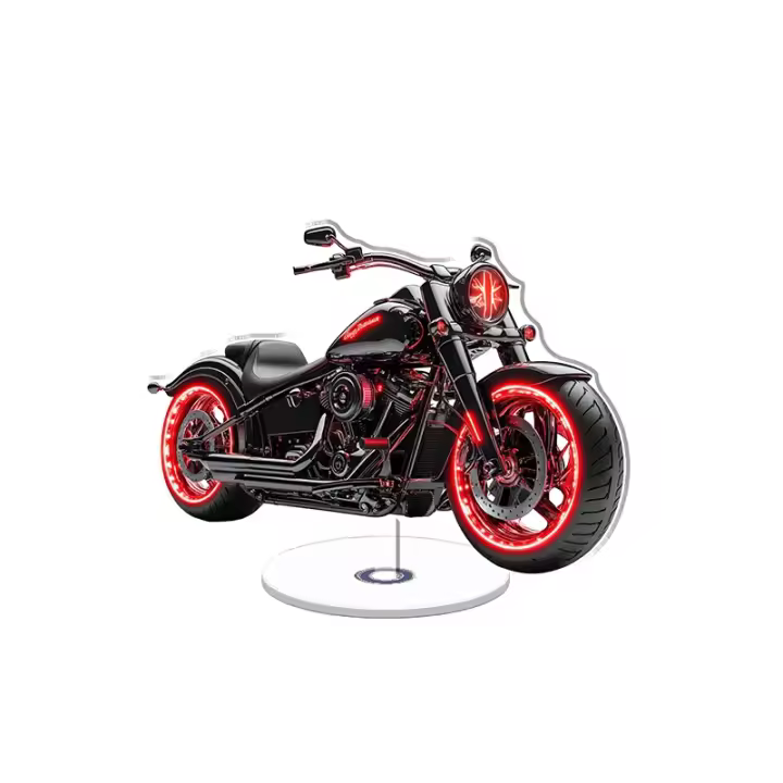 La pantalla acrílica giratoria presenta un elegante crucero Harley Davidson negro con detalles en neón rojo brillante y un motor cromado sobre un fondo blanco impecable. - 1