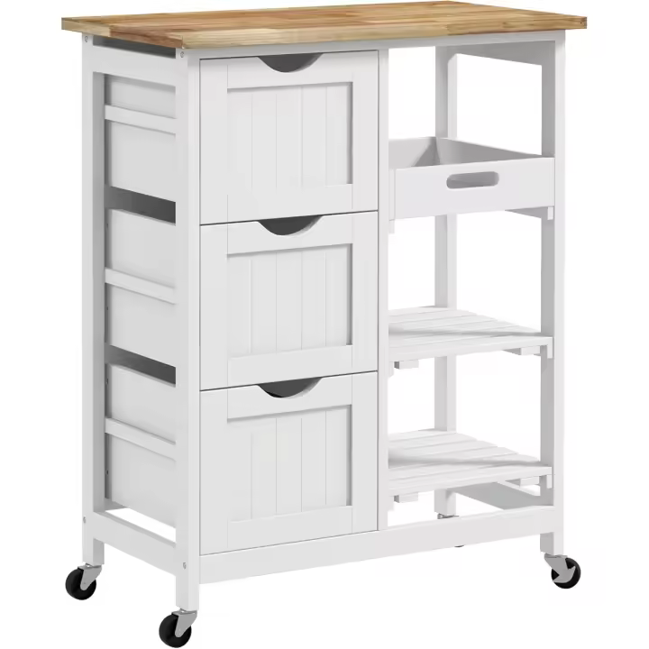 Carro de Cocina Carrito Auxiliar con Ruedas Carrito Verdulero con Tablero de Madera 3 Cajones 2 Estantes Abiertos y Bandeja Extraíble para Comedor Salón 67x37x85,5 cm Blanco - 1