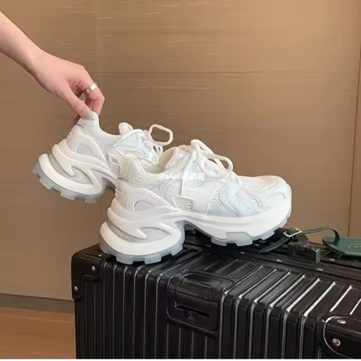 París vieja revista, plata y malla blanca plataforma aumentada deportes y zapatos de ocio, cuero de las mujeres plataforma aumentada zapatos deportivos - 1