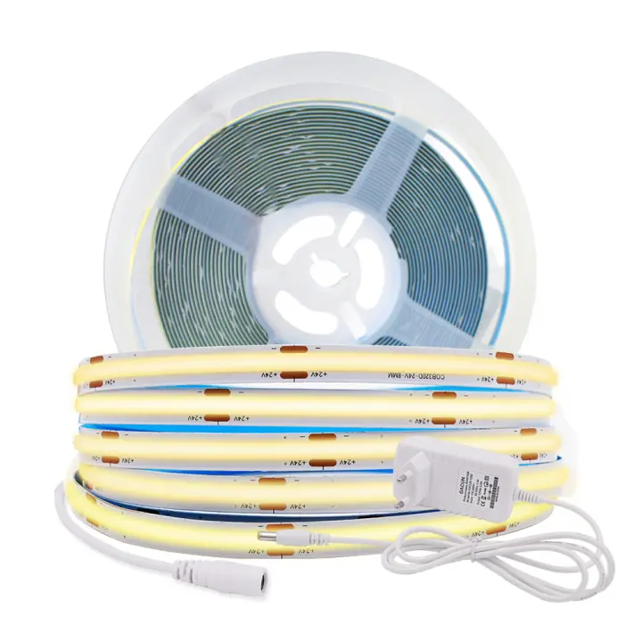 Tira de luces LED COB con adaptador, 12V, 24V, 320LED/M, cinta Flexible de Luz lineal de alta densidad para decoración de habitación, 3000K-6000K - 1