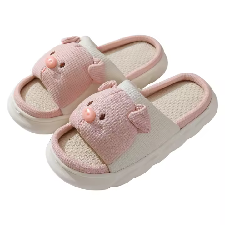Plegable oreja en polvo cerdo algodón dibujos animados interior y exterior hogar engrosado zapatillas de lino. - 1