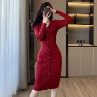 Elegante Vestido de Punto de Lana Suave Cuello en V Delgado Moda de Invierno-Otoño - details 9