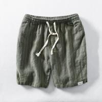 Pantalones cortos de lino para hombres Rayados de verano, transpirables, ajuste suelto y apretado con cordones Ideales para la playa - details 4
