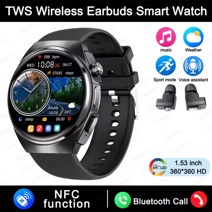 Reloj Inteligente 2 en 1 Auriculares Inalámbricos Llamada de Música Local Reloj Inteligente para Hombres Ritmo Cardíaco IP68 Reloj Deportivo Impermeable Para IOS Android，NFC，1,53 pulgadas，Reloj deportivo de monitoreo de salud，Adecuado para - 1