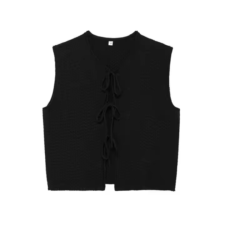 Rafznb Chaqueta corta de punto sin mangas con cuello en V y lazo, chaleco, ropa de calle, abrigo nuevo para mujer - 1