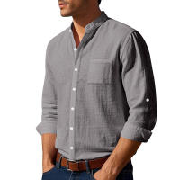 Camisa de lino de primavera y otoño, manga larga, cuello alto, transpirable, pegatina informal, camisa de bolsillo, hombres - details 17