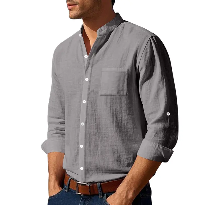 Camisa de lino de primavera y otoño, manga larga, cuello alto, transpirable, pegatina informal, camisa de bolsillo, hombres - 1