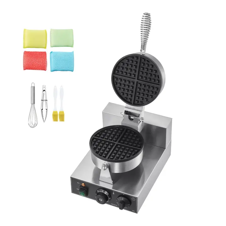 SucceBuy Máquina para hacer gofres comercial, redonda de 1230 W, acero inoxidable antiadherente, control de temperatura y tiempo, mango - 1