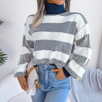 Suéter a rayas de manga farol para mujer, Jersey informal de punto con cuello alto, novedad de otoño e invierno, 2023 - details 5