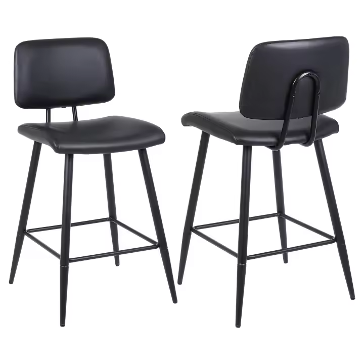 Taburetes Altos de Cocina Juego de 2, Moderno de Piel Sintética para Isla de Cocina, Taburete de Bar con Respaldo y Patas de Metal, Taburete Alto Tapizado, Negro - 1