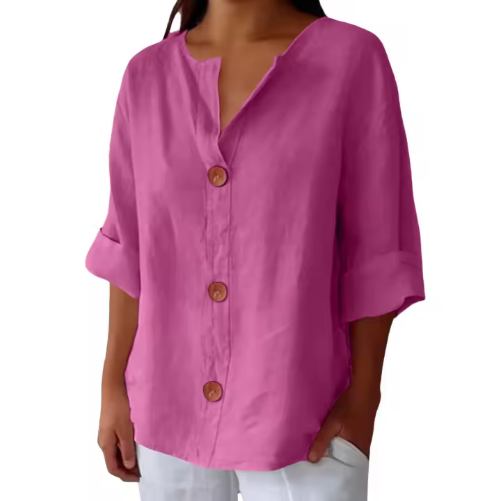 Camiseta de verano "Mujer 2025 con cuello en V, lino y algodón, holgada y transpirable, estilo boho-chic - Moda informal y elegante" "Mujer con cuello en V, algodón, transpirable, - Moda" - 1