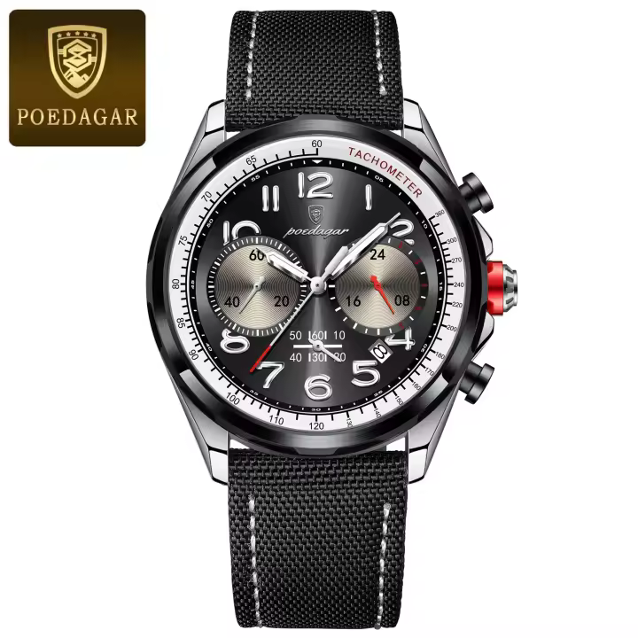 POEDAGAR Reloj de lujo para hombre con correa de cuero de nailon, reloj de pulsera para hombre, cronógrafo luminoso resistente al agua, relojes con fecha para hombre + caja - 1
