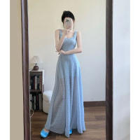 Vestido camisola azul minimalista para mujer, ceñido a la cintura y vestido largo francés con licencia para vacaciones en la playa, nuevo estilo - details 4