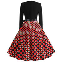 Women dot print party elegant vintage swing long sleeve dress - details 12