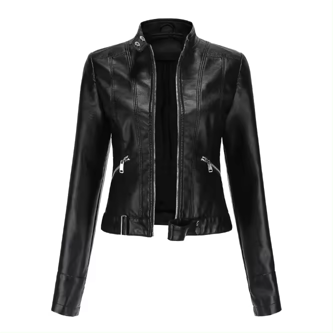 Chaqueta de cuero de ajuste Regular con cremallera informal para mujer - 1
