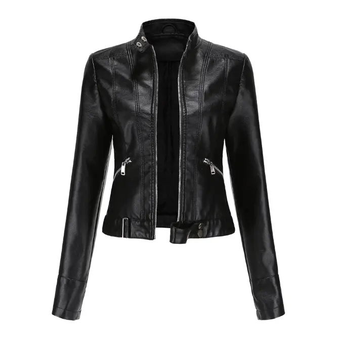 Chaqueta de cuero de ajuste Regular con cremallera informal para mujer - 1