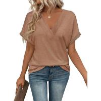 Tops de moda de color sólido con cuello en V, ropa popular coreana, camiseta holgada de manga corta de verano para mujer. - details 9