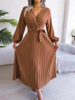 Vestido largo plisado con dobladillo grande para mujer, vestido cruzado de Color liso con cuello en V, moda de primavera y verano - details 1