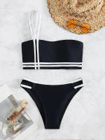 Conjunto de Bikini unicolor con tirantes para mujer, Sexy para el hombro con una correa traje de baño, 2 piezas - details 2