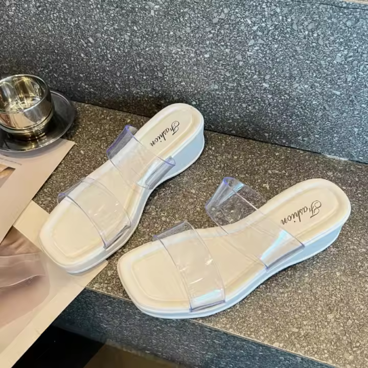 Zapatillas informales de tacón alto para mujer, chanclas con plataforma de PVC transparente, ropa de playa antideslizante, sandalias deslizantes para mujer - 1