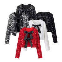 TRAFZA-Tops elegantes de otoño para mujer, blusas de manga larga con cuello redondo, lazo de lentejuelas, decoración de moda femenina, moda urbana - details 0