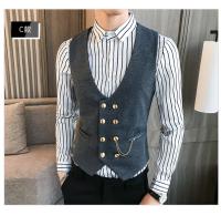2025 último estilo doble botonadura hombres traje chaleco botón dorado Slim Fit Formal novio boda chaleco ropa de calle chaleco sin mangas chaqueta - details 3