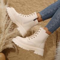 Botas de moto de cuero Pu para mujer, botas de tobillo cálidas con cordones de felpa, tacón plano beige negro, botas de algodón antideslizantes, invierno - details 2