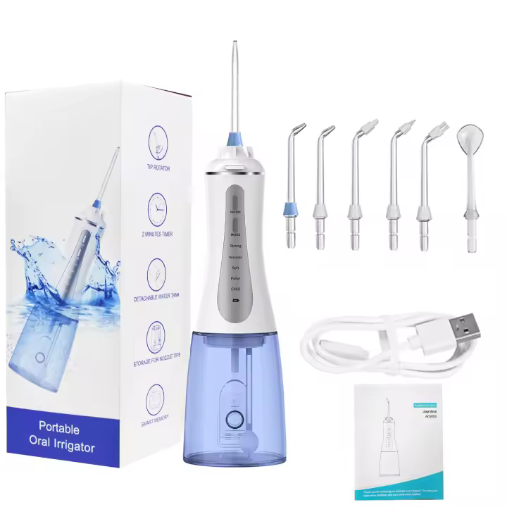 Irrigador bucal de hilo dental con 5 modos, limpiador de dientes de agua, 6 puntas, portátil recargable a prueba de agua IPX7 - 1